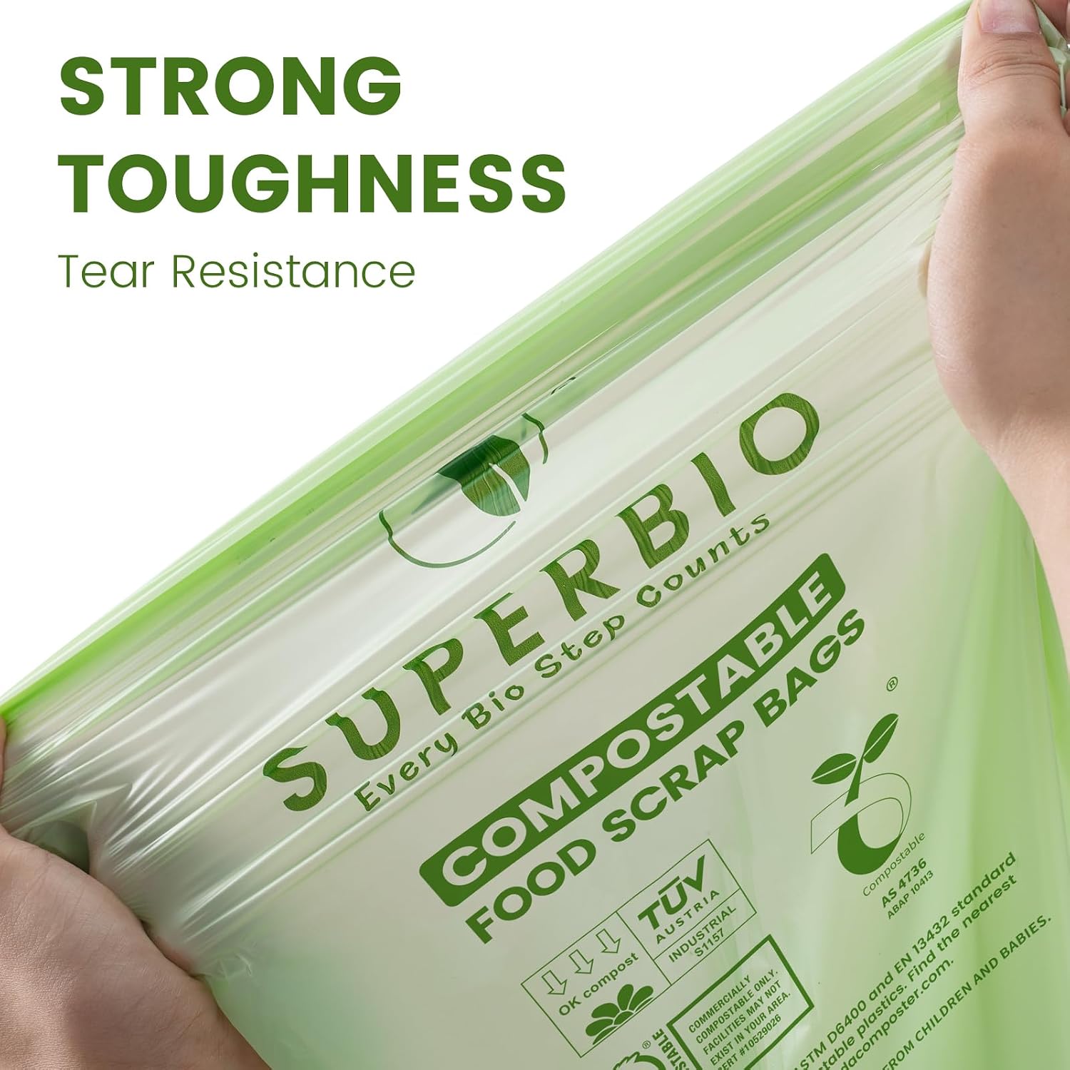 SUPERBIO 2.6 Gallon Compostable Bags with Handles, 100 Count,1 Pack, Food Scrap Bags Certified by BPI and OK compost INDUSTRIAL, 9.84L - Image 4