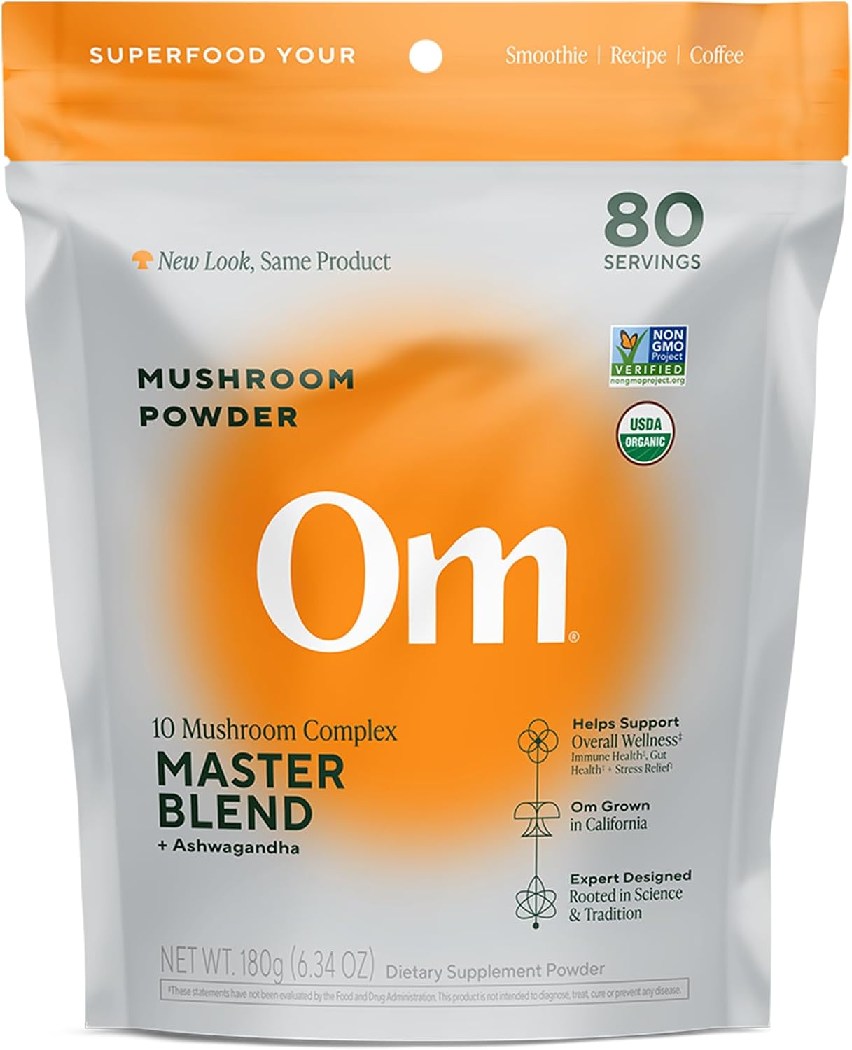 OM Mushrooms Master Blend Mushroom Powder – Organic Mushroom Supplement with 10 Mushrooms and Ashwagandha - Support Immunity, Gut Health & Stress Relief, 6.34 oz (80 Servings)