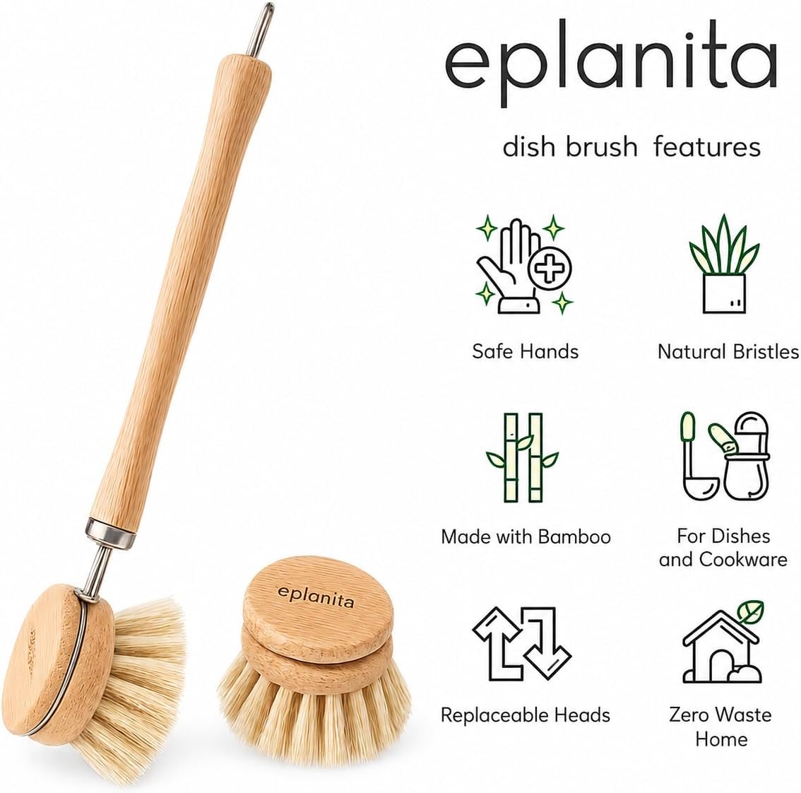 eplanita Natural Dish Brush, 3 Replacement Heads, Kitchen Eco Bamboo Scrubber Brushes, Extra Plant Sponge, Plastic Free Washing Up, Zero Waste Cleaning - Image 2