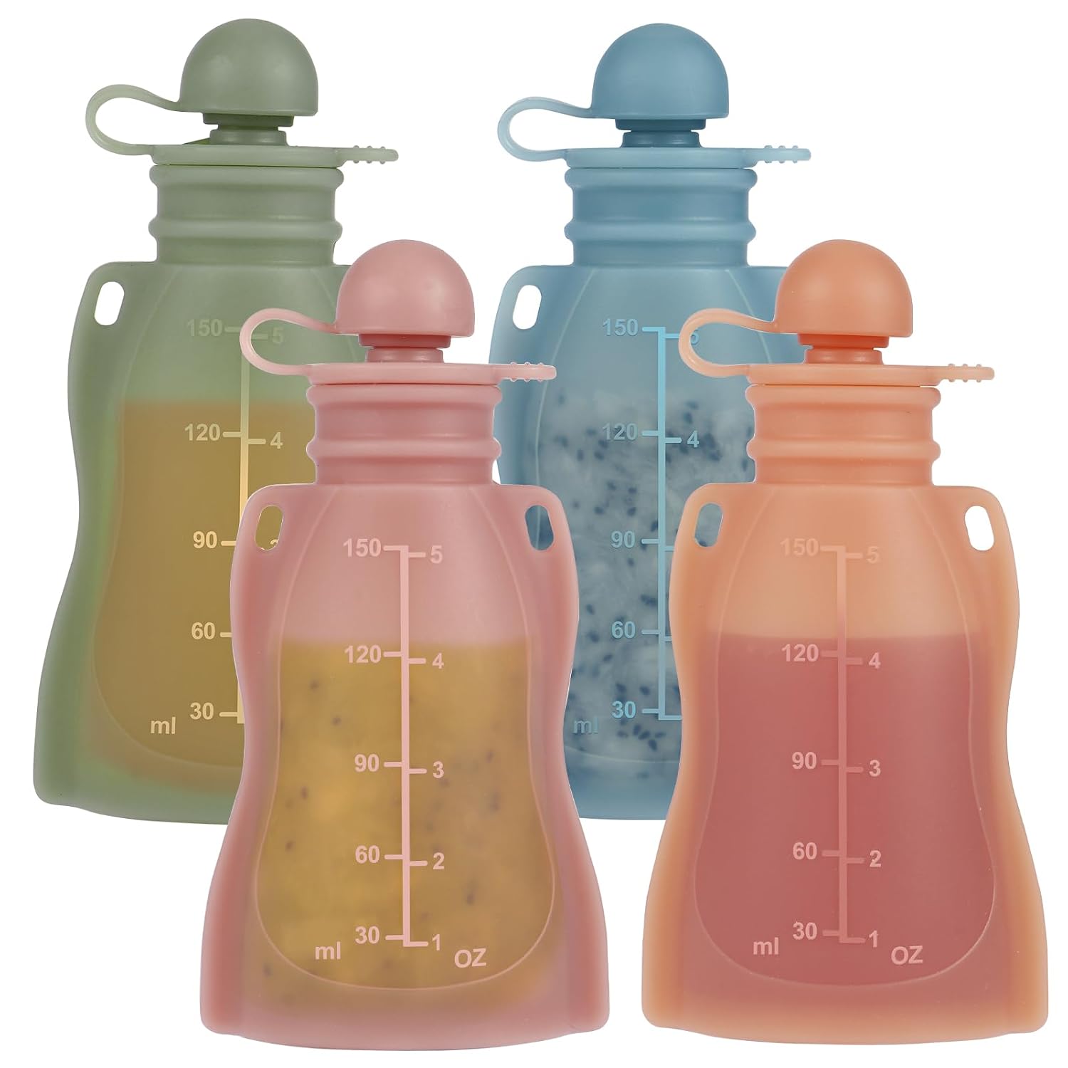 Eascrozn 4 Pack Silicone Reusable Baby Food Pouches with Straws, BPA Free