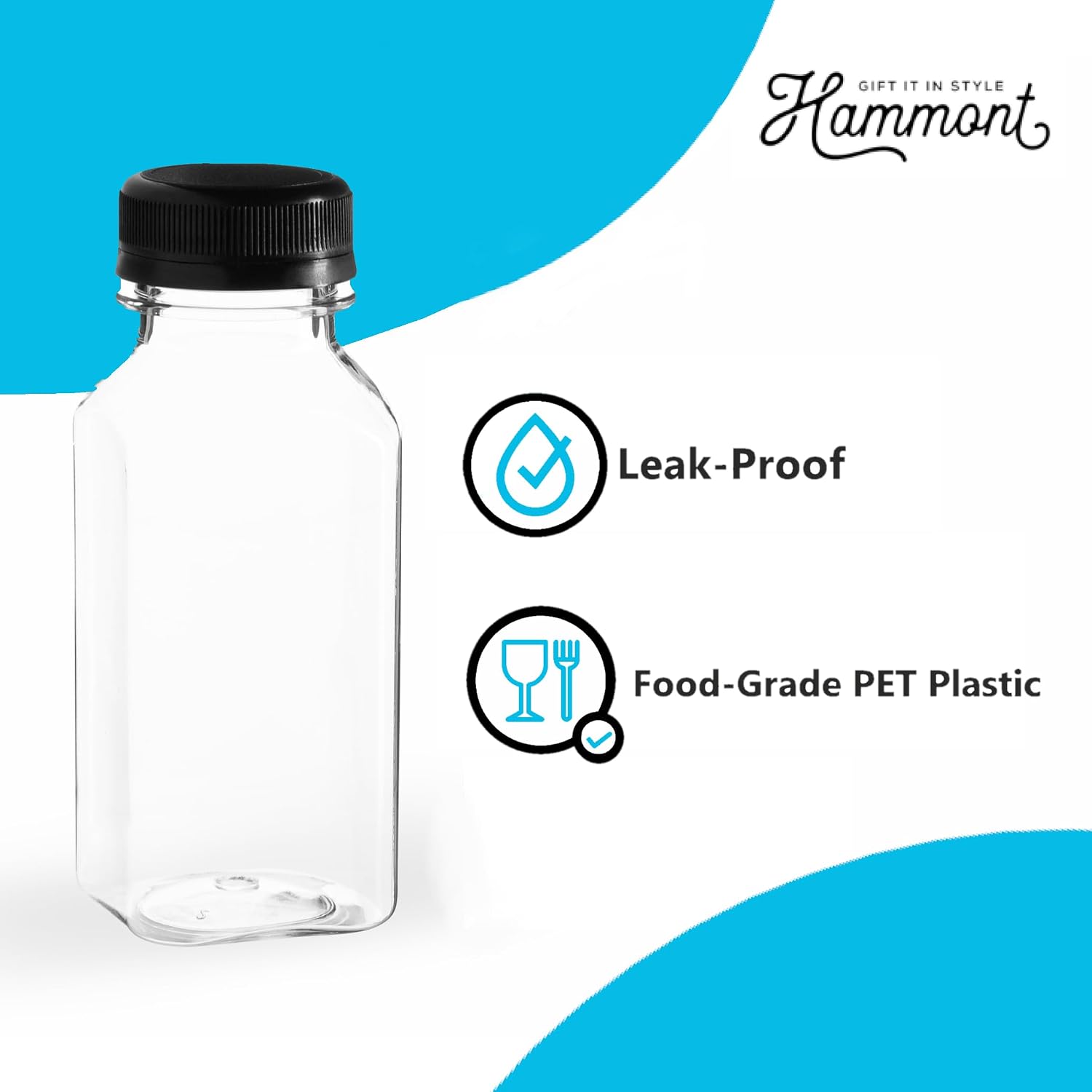 Hammont Plastic Bottles with Caps - Clear PET Iced Coffee & Juice Bottles, Pack of 24 - Reusable Juicing Bottle - Ideal for Cold Drinks (8oz) - Image 3