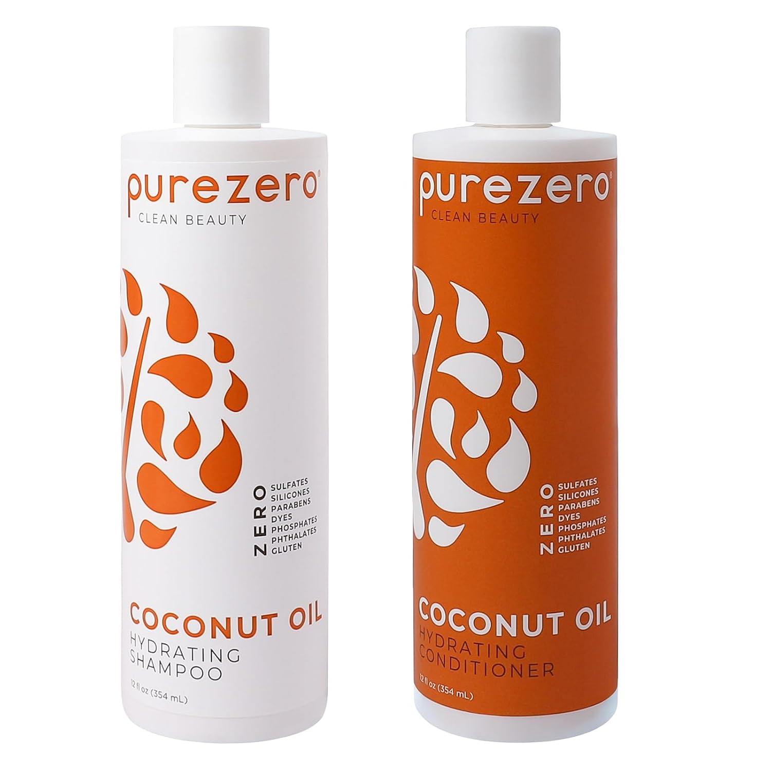 PureZero Coconut Oil Hydrating Silicone Free Shampoo & Conditioner Set – Vegan Formula for Dry or Color-Treated Hair – Deep Moisture, Sulfate-Free, Paraben-Free, Cruelty-Free Hair Care Duo, 2 × 12 oz