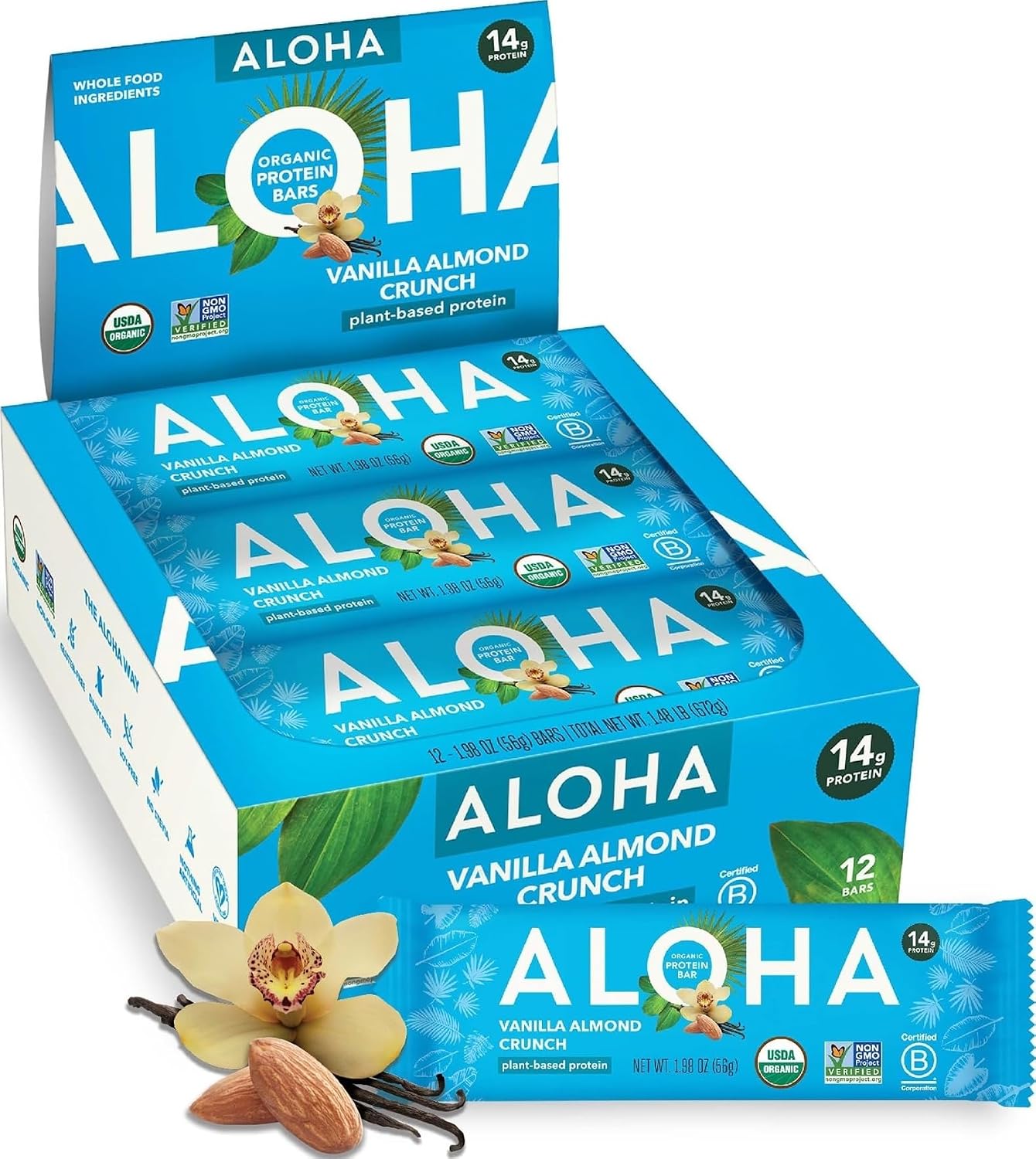 ALOHA Organic Plant Based Protein Bars | Vanilla Almond Crunch, 12 Count