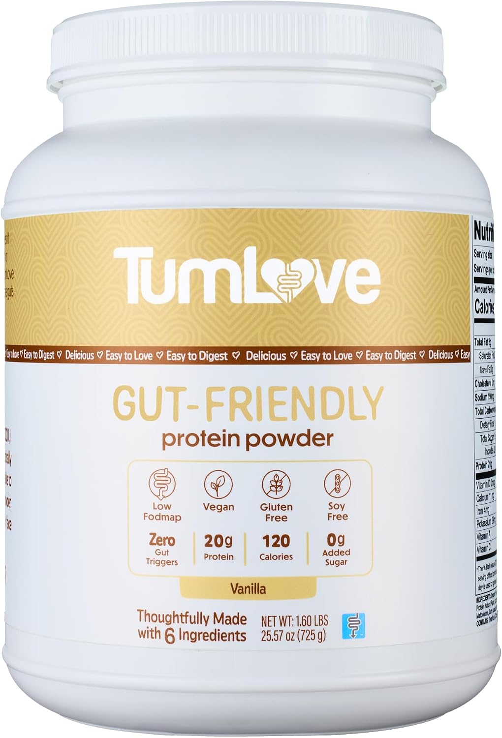 TumLove Vegan Protein Powder - Low FODMAP Certified, Gluten-Free, Dairy-Free, Soy-Free, 100% Gut-Friendly & Non-Bloating, Vanilla (25 Servings)