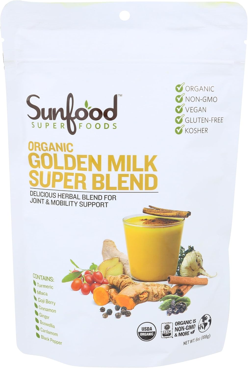 Sunfood Superfoods Organic Golden Milk Super Blend - Turmeric Latte Powder Mix with Ginger, Black Pepper, Cinnamon & Cardamom Spices, Vegan, USDA Organic, Gluten Free - 6 oz