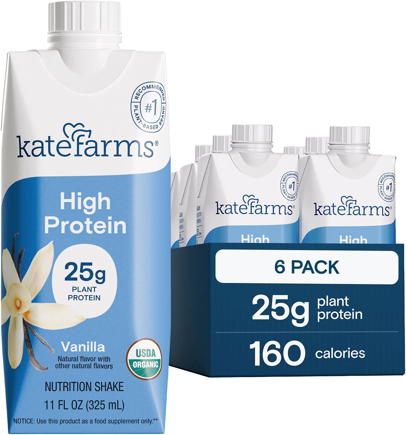 KATE FARMS Organic High Protein Vanilla Shake, 25g Protein, 6 Pack