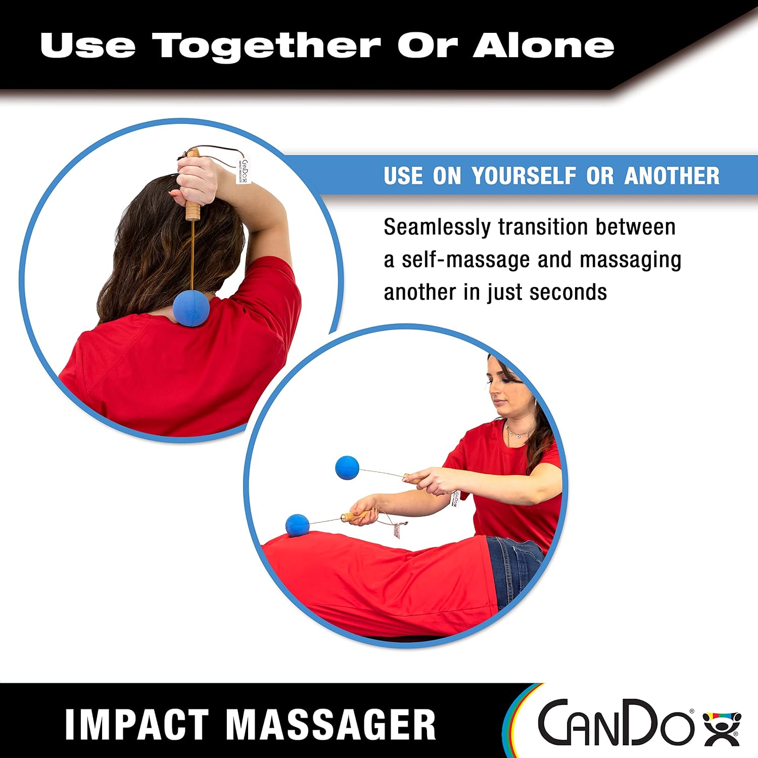 CanDo Percussion Massagers 2 Pack Manual Ball Massage, Flexible Stick Massage Tools for Sore Muscles, Back, Shoulders, Neck, Legs, and Total Body with Comfort Grip Wood Handles, Blue - Image 5