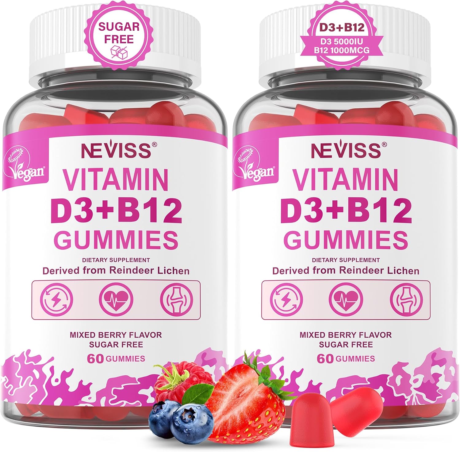 NEVISS Vegan Vitamin D3 5000IU + Vitamin B12 Gummies for Women Men, 120Ct