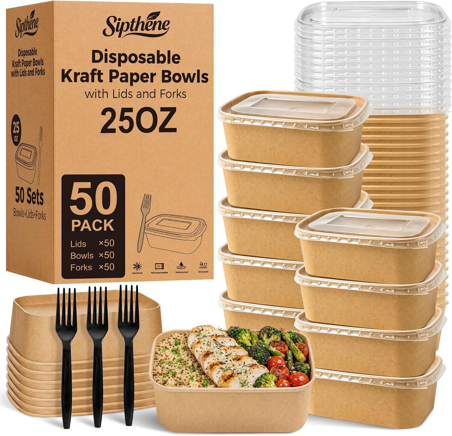 50 Pack 25 oz Disposable Meal Prep Containers with Lids and Forks