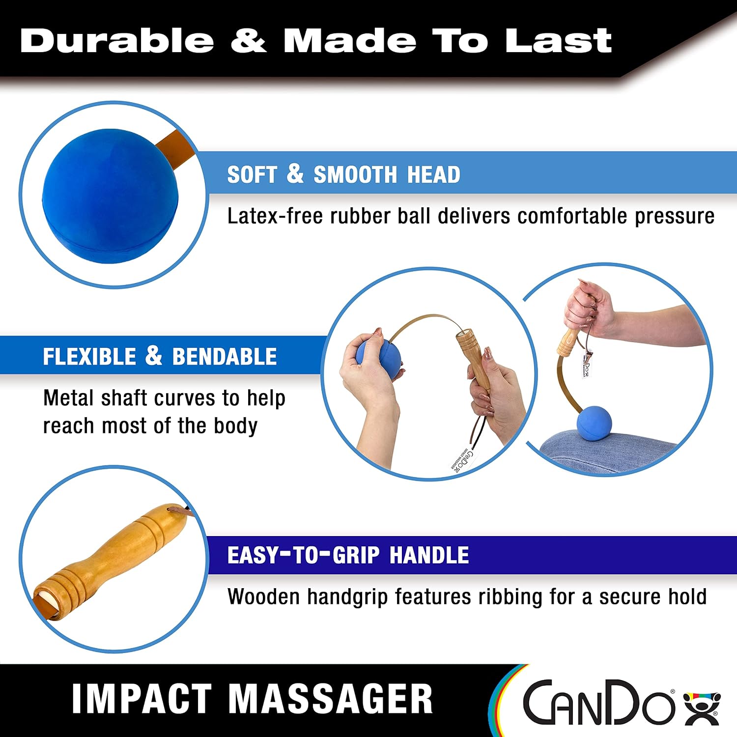 CanDo Percussion Massagers 2 Pack Manual Ball Massage, Flexible Stick Massage Tools for Sore Muscles, Back, Shoulders, Neck, Legs, and Total Body with Comfort Grip Wood Handles, Blue - Image 2