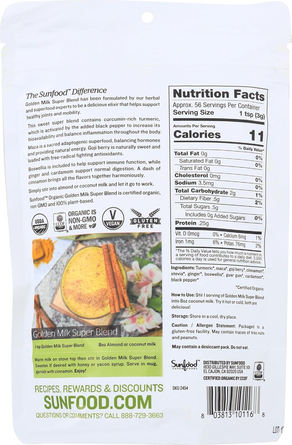 Sunfood Superfoods Organic Golden Milk Super Blend - Turmeric Latte Powder Mix with Ginger, Black Pepper, Cinnamon & Cardamom Spices, Vegan, USDA Organic, Gluten Free - 6 oz - Image 2