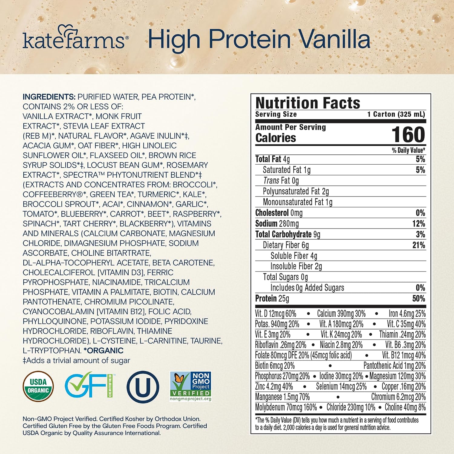 KATE FARMS Organic High Protein Vanilla Shake, 25g Protein, 6 Pack - Image 7