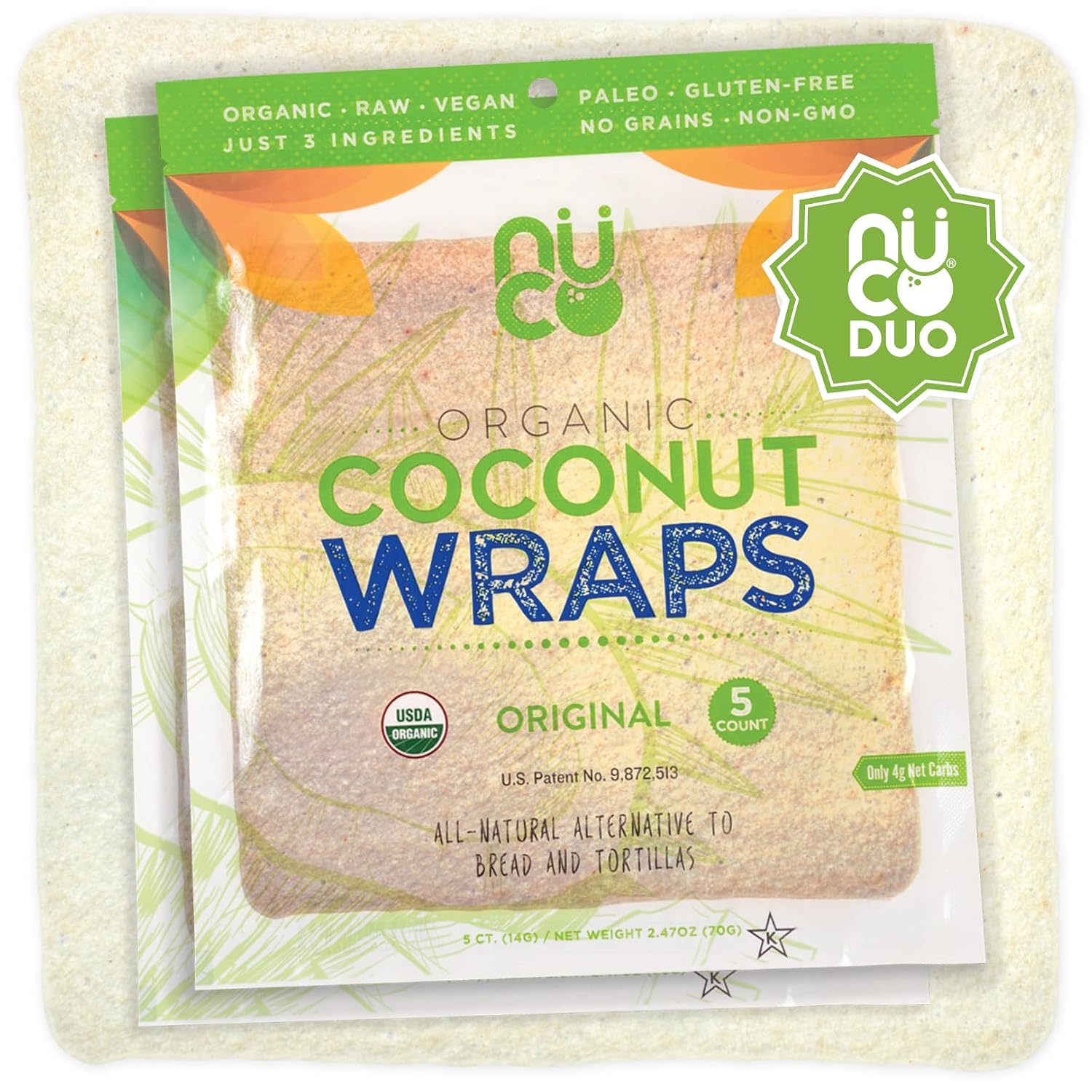 NUCO Organic Coconut Wraps, Original - Gluten Free, Low Carb, Vegan, 10 Ct