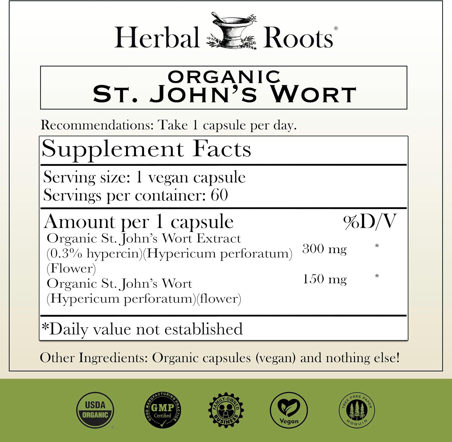 Herbal Roots Organic St Johns Wort Capsules, Mood Support, USDA Certified Organic - 60 Vegan Capsules - Image 2
