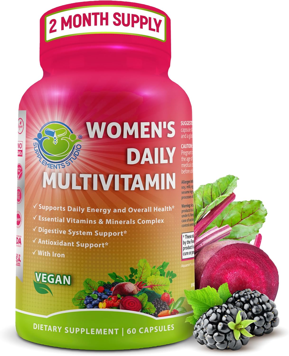 Vegan Methylated Multivitamin for Women - Biotin, Probiotics & Iron