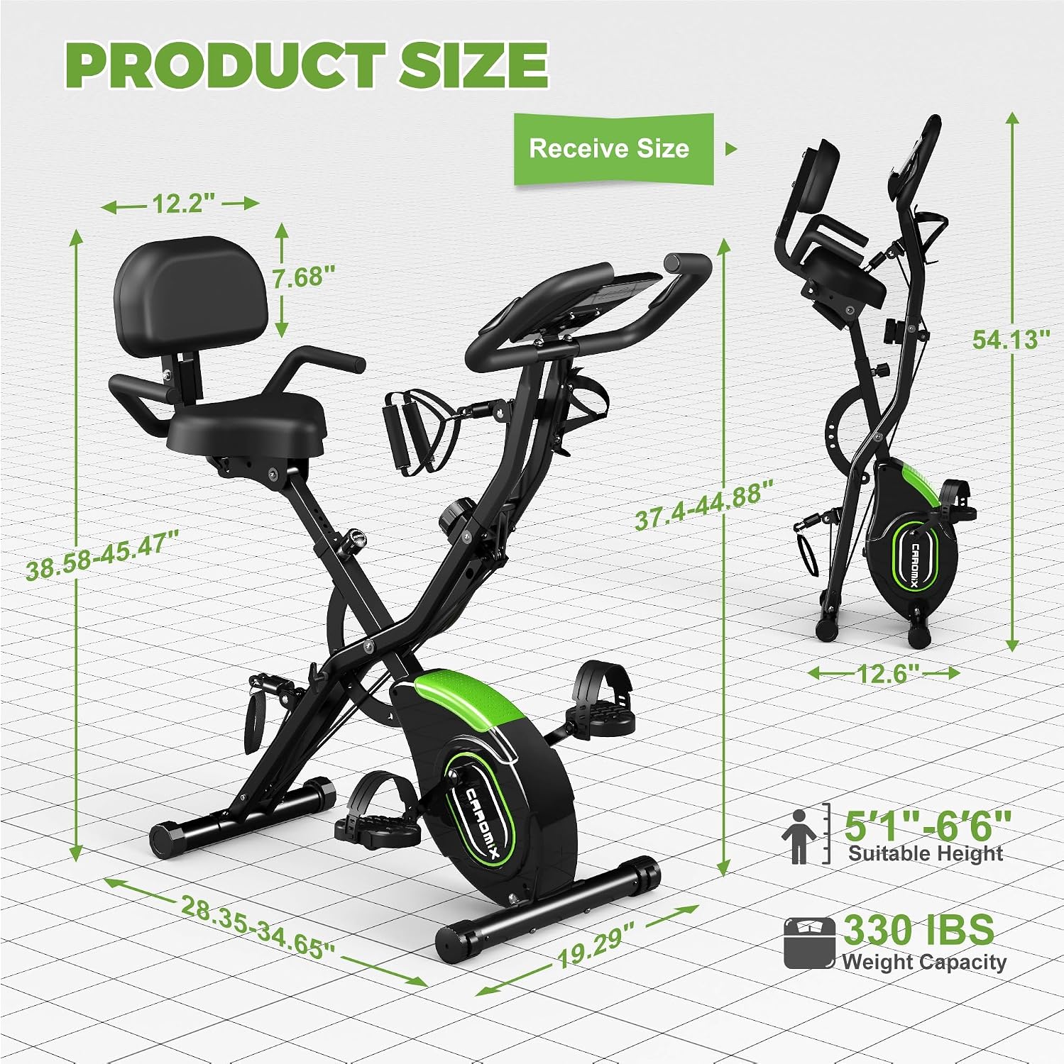 Caromix Folding Exercise Bike, 5 in 1 Stationary Bike with 16-Level Adjustable Magnetic Resistance, 330LB Capacity Indoor Workout Bike, Foldable Exercise Bike for Seniors and Adult - Image 7