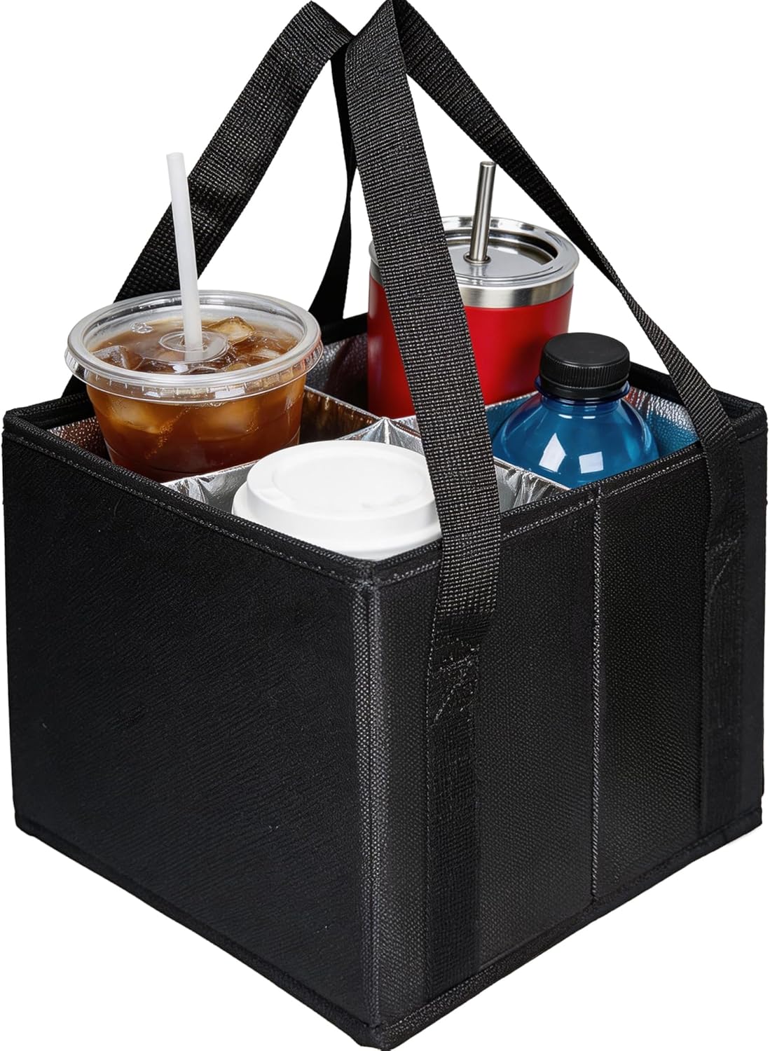 Reusable Drink Carrier with Handle, Insulated Drink Holder Bag with Adjustable Dividers, 600D Oxford Fabric Cup Carrier Drink Caddy for Delivery Car Coffee & Beverages, 4 Cups