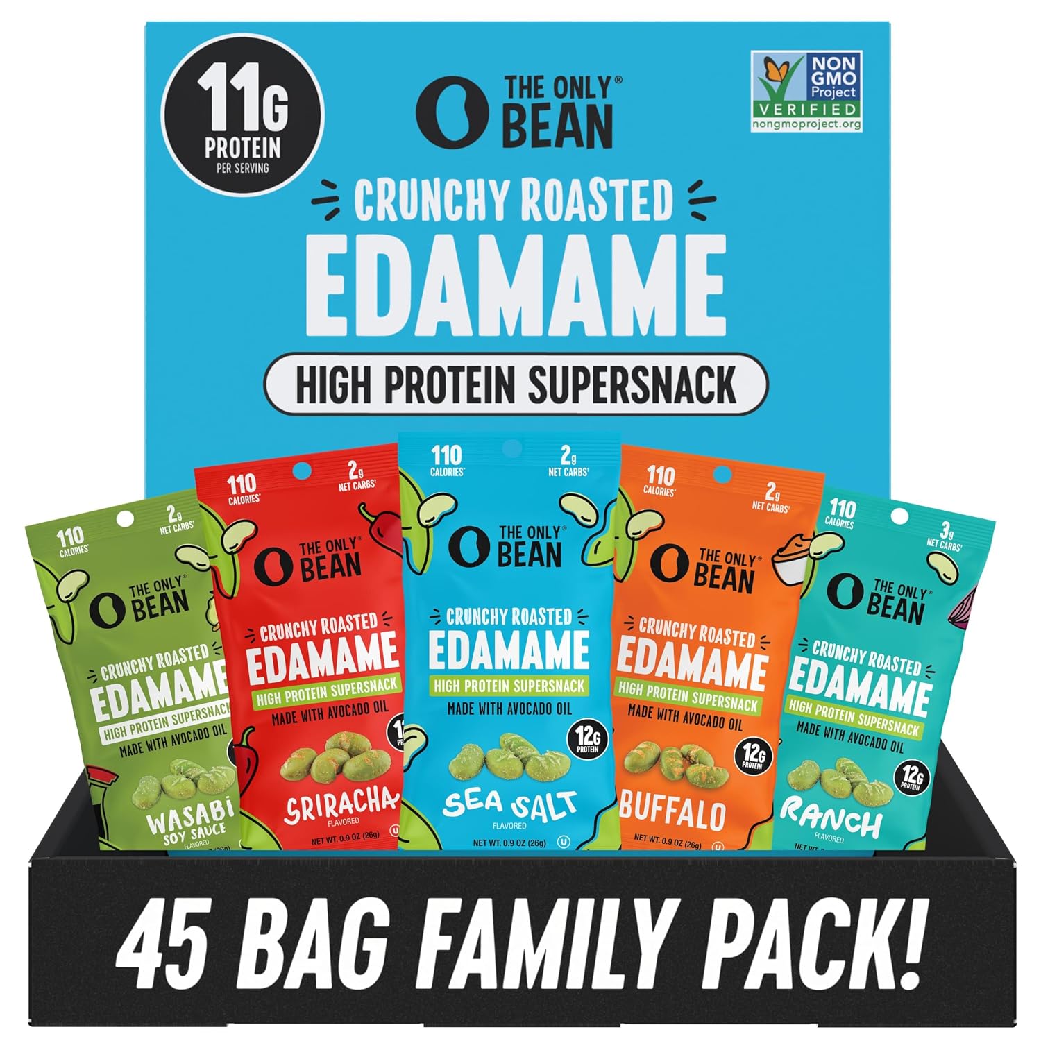 The Only Bean High Protein Snacks, Healthy Office Snack, Healthy Snacks for Adults and Kids for Lunch, Vegan, Low Carb & Gluten Free - Edamame Beans Snack, Variety Pack - 0.9oz (Pack of 45)