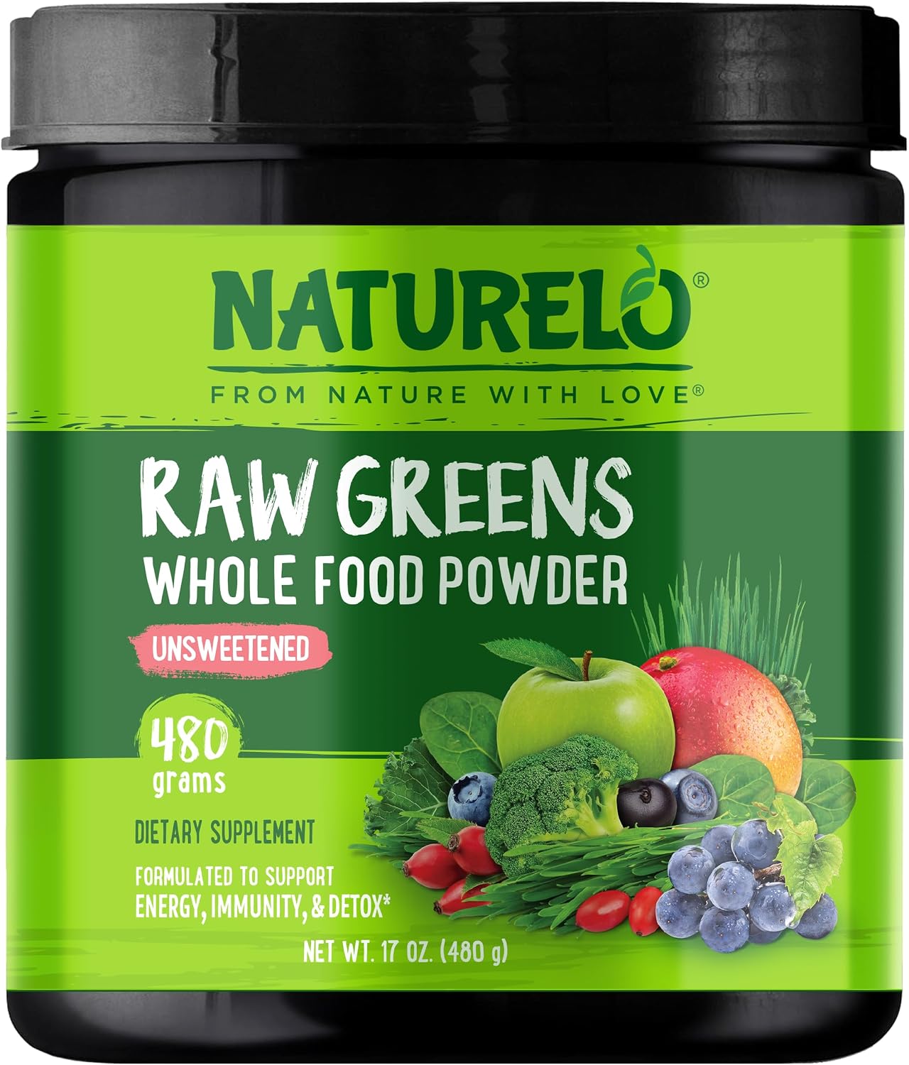 NATURELO Raw Greens Superfood Powder 480 Grams, Unsweetened