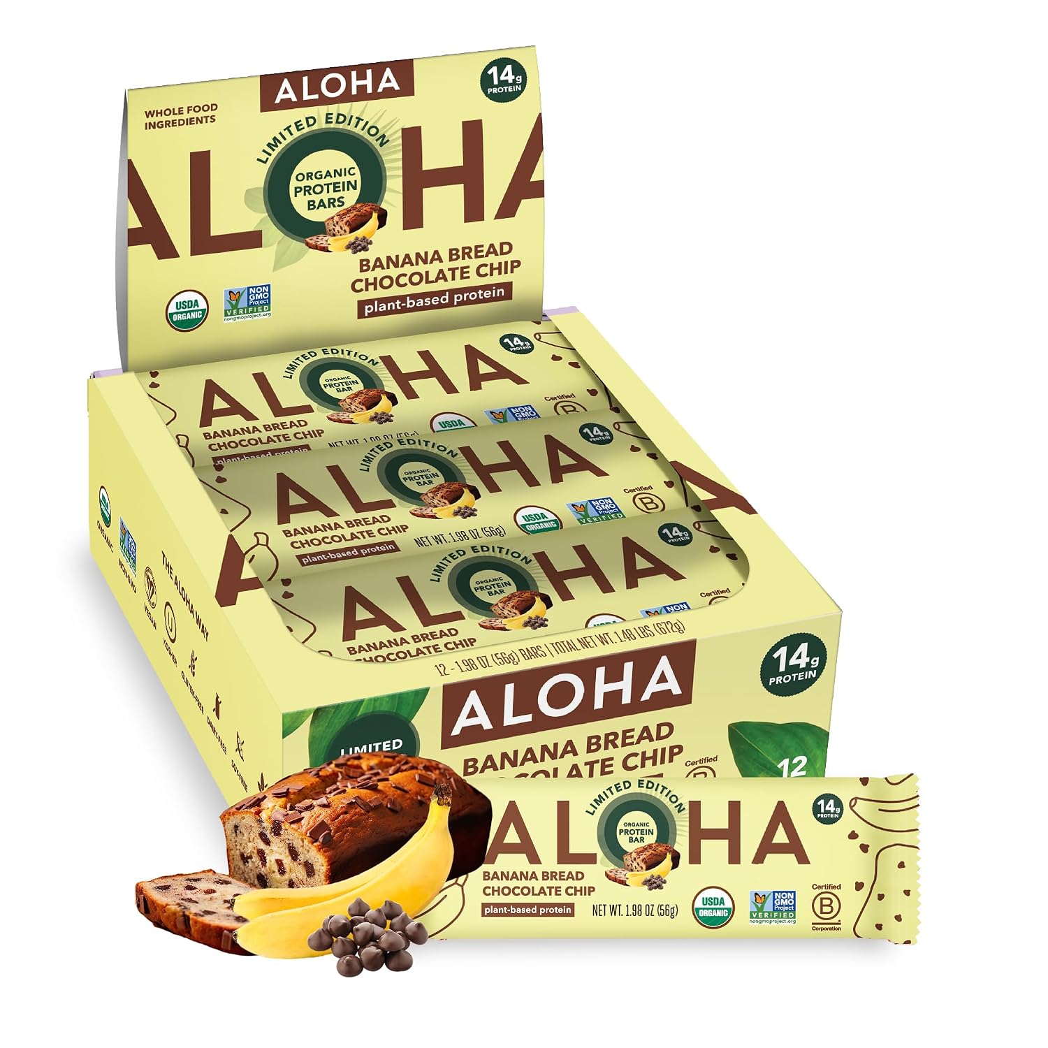 ALOHA Organic Plant Based Protein Bars | Banana Bread Chocolate Chip, 12 Ct