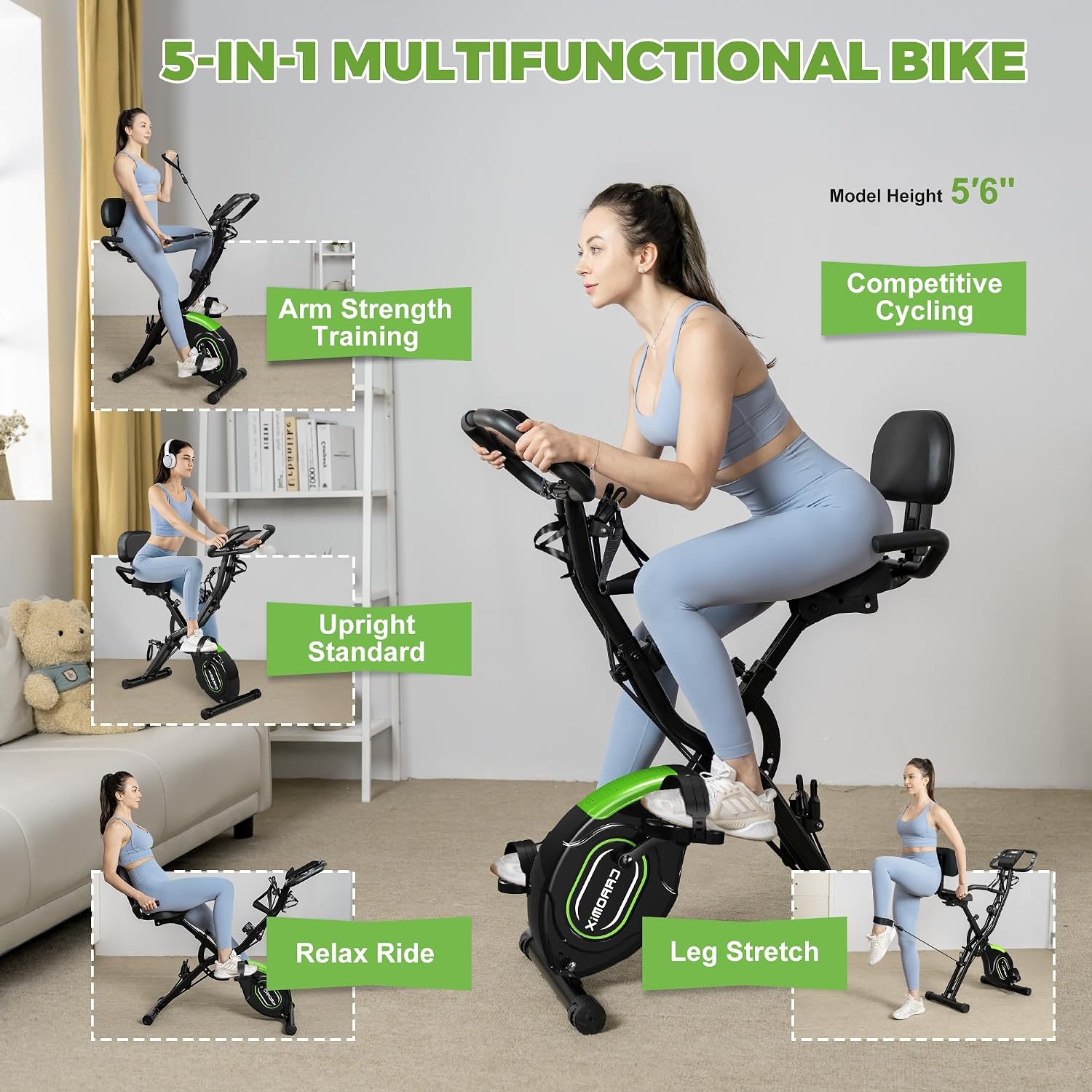 Caromix Folding Exercise Bike, 5 in 1 Stationary Bike with 16-Level Adjustable Magnetic Resistance, 330LB Capacity Indoor Workout Bike, Foldable Exercise Bike for Seniors and Adult - Image 2