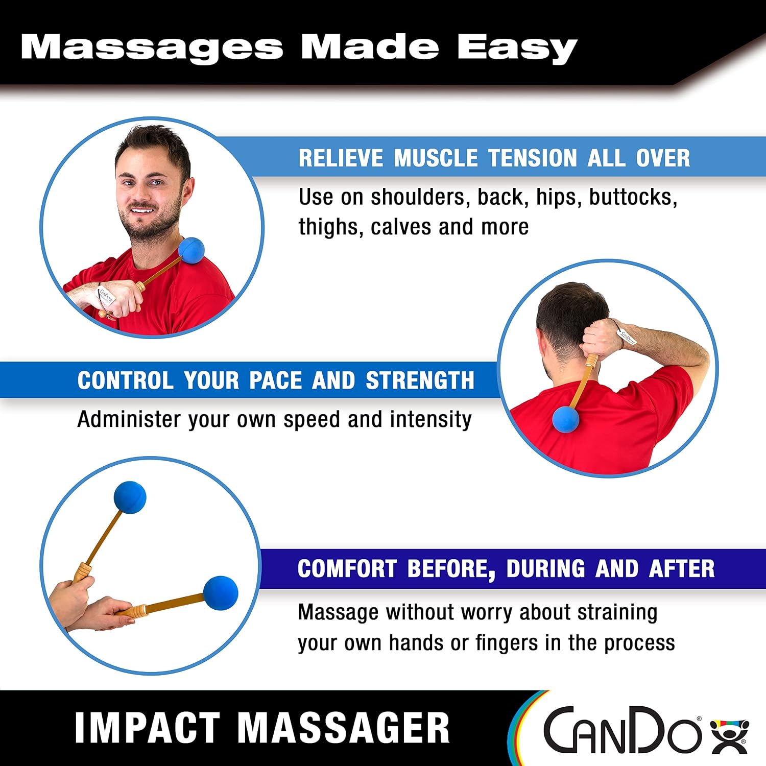CanDo Percussion Massagers 2 Pack Manual Ball Massage, Flexible Stick Massage Tools for Sore Muscles, Back, Shoulders, Neck, Legs, and Total Body with Comfort Grip Wood Handles, Blue - Image 3