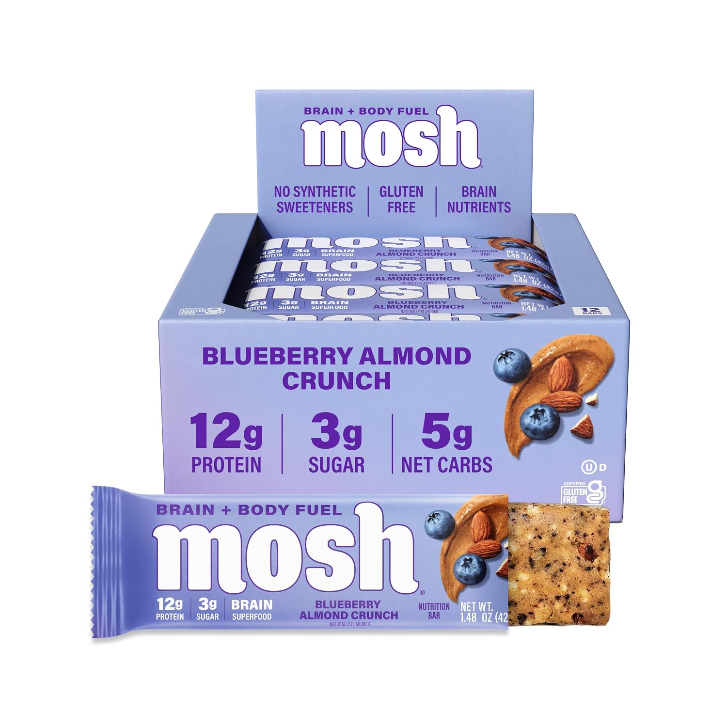 MOSH Blueberry Almond Crunch Brain Health Protein Bars, Keto, 12 Ct