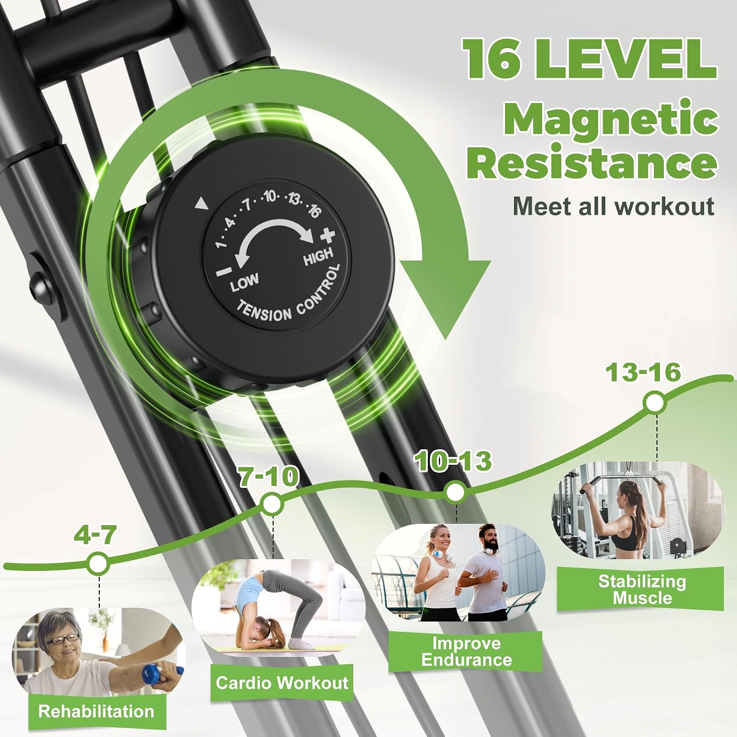 Caromix Folding Exercise Bike, 5 in 1 Stationary Bike with 16-Level Adjustable Magnetic Resistance, 330LB Capacity Indoor Workout Bike, Foldable Exercise Bike for Seniors and Adult - Image 3