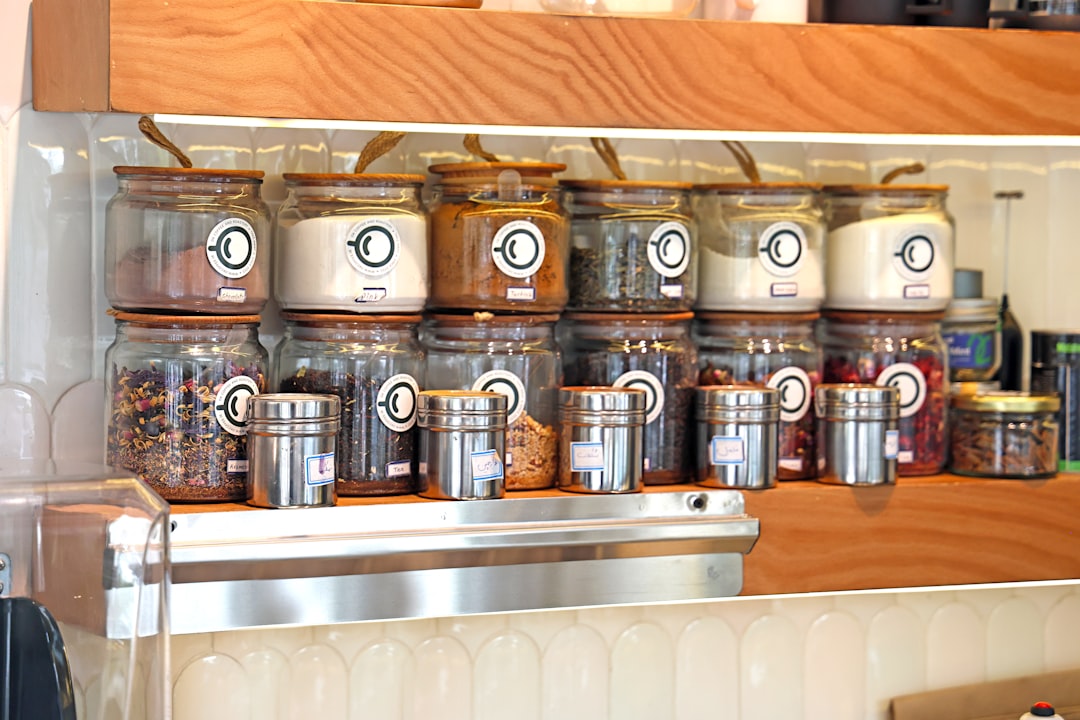 Jars and containers filled with spices and herbs